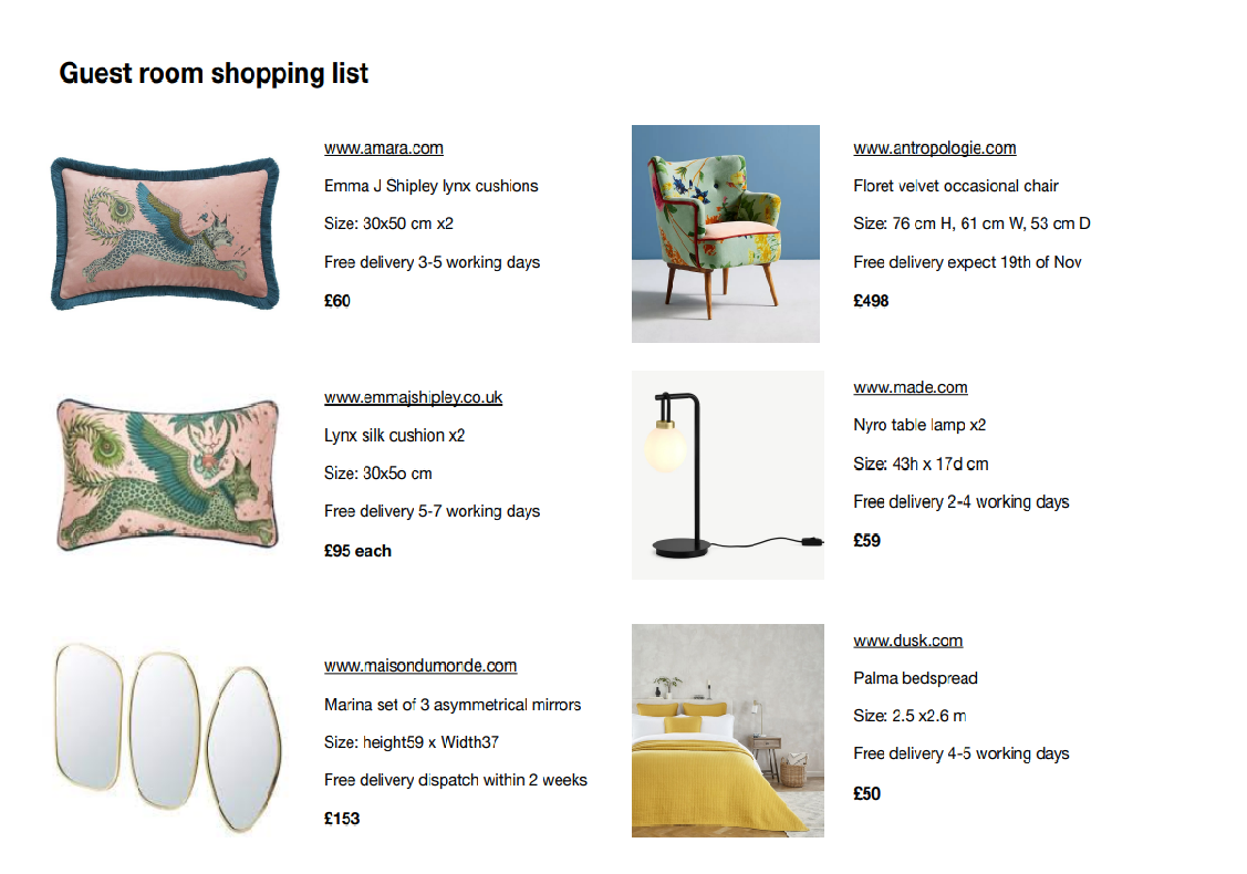 Shopping list or Furniture, Fixtures & Equipment (FF&E)